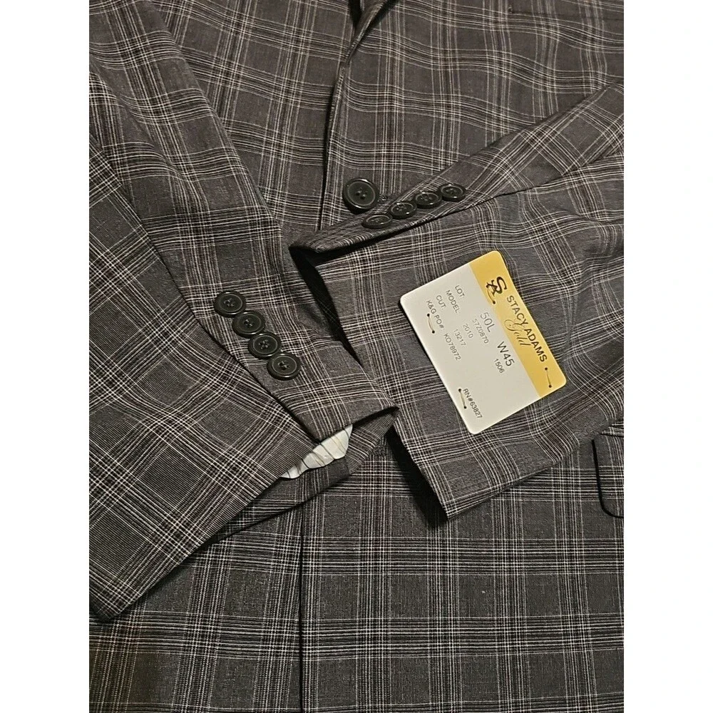 Stacy Adams Gold Mens Charcoal Grey Plaid Suit Jacket Sport Coat Blazer 50L New